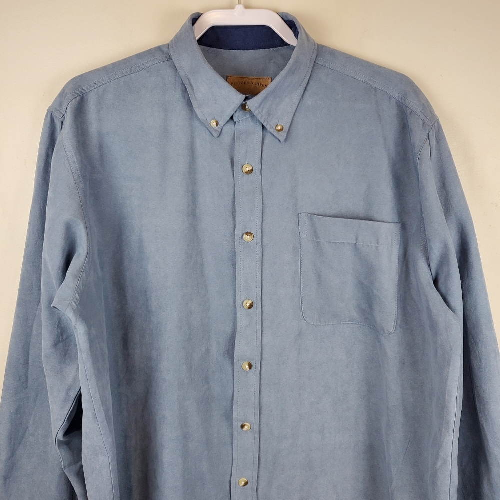 Buckhorn River Mens Blue Suede Western Button Down Shirt Size LG Long Sleeve
